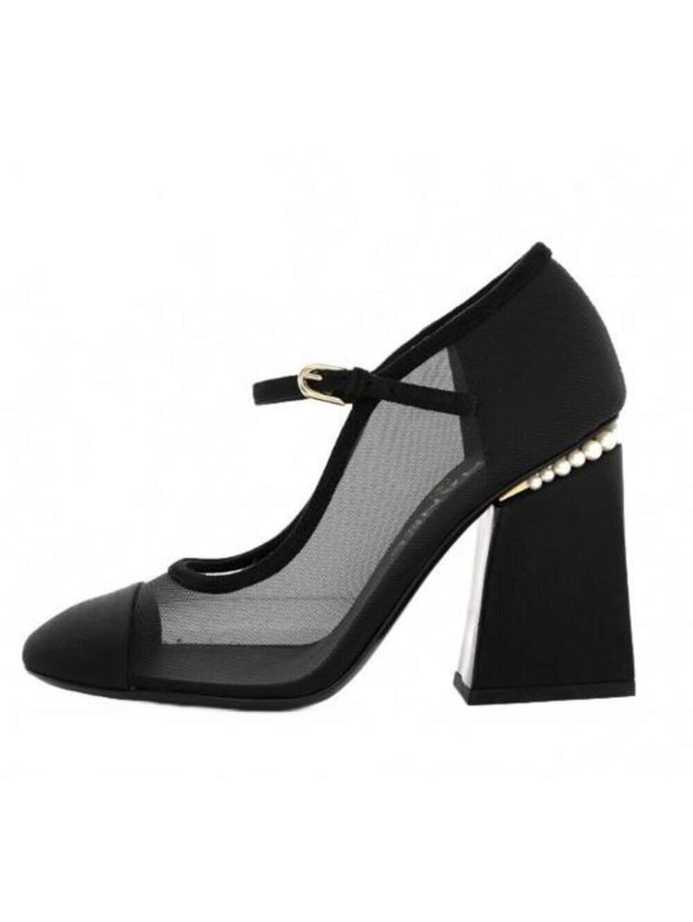 Chanel Black Mesh Mary Jane Heels Sz 41 - Pearl & Suede Trim - NIB